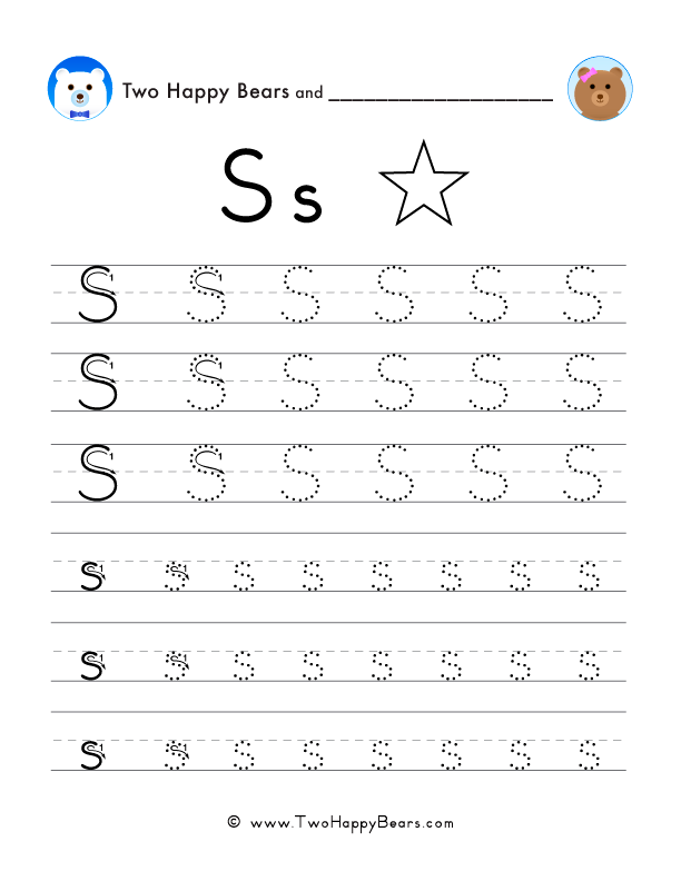 Trace the letter S, uppercase and lowercase. Six lines of guided arrows and follow-the-dots.