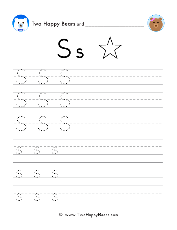 Trace the letter S with follow-the-dots examples, and write the letter yourself in uppercase and lowercase.