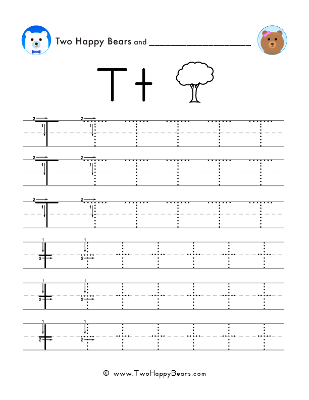Free printable PDF worksheet to trace the letter T in uppercase and lowercase.