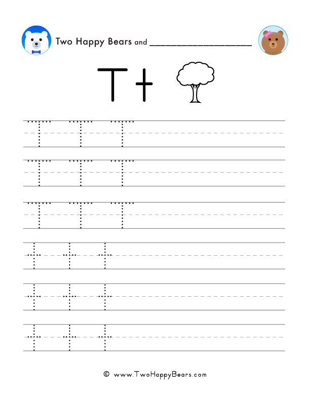 Trace the letter T with follow-the-dots examples, and write the letter yourself in uppercase and lowercase.
