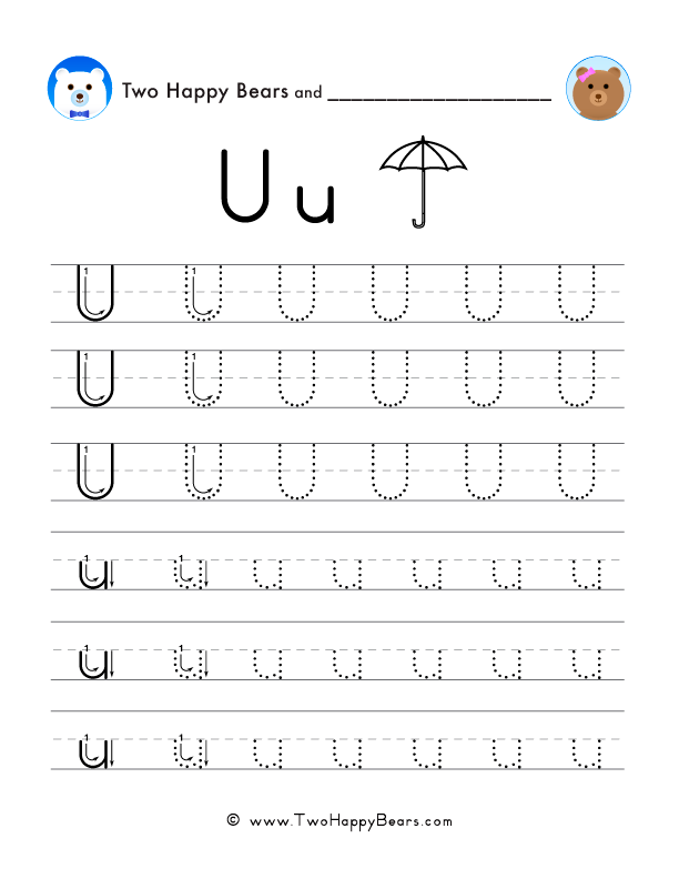 Trace the letter U, uppercase and lowercase. Six lines of guided arrows and follow-the-dots.