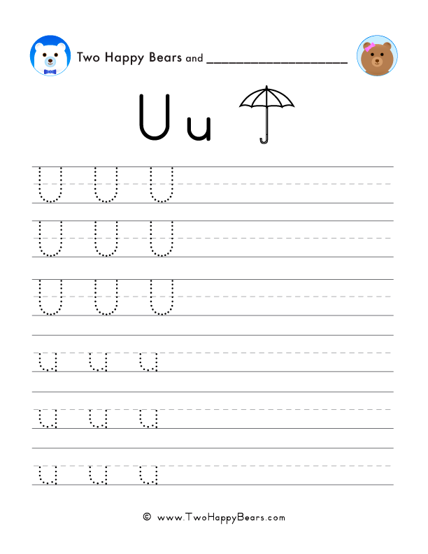 Trace the letter U with follow-the-dots examples, and write the letter yourself in uppercase and lowercase.