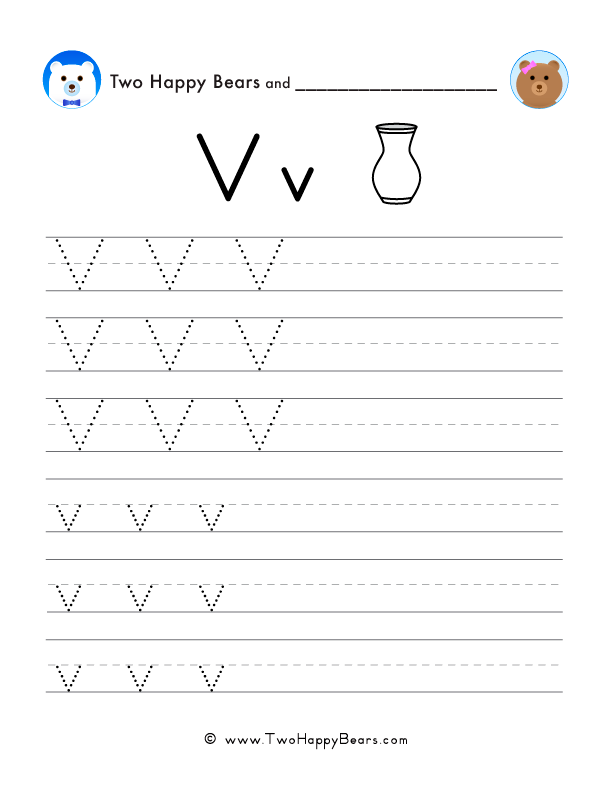 Trace the letter V with follow-the-dots examples, and write the letter yourself in uppercase and lowercase.