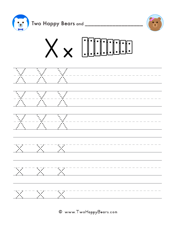 Trace the letter X with follow-the-dots examples, and write the letter yourself in uppercase and lowercase.