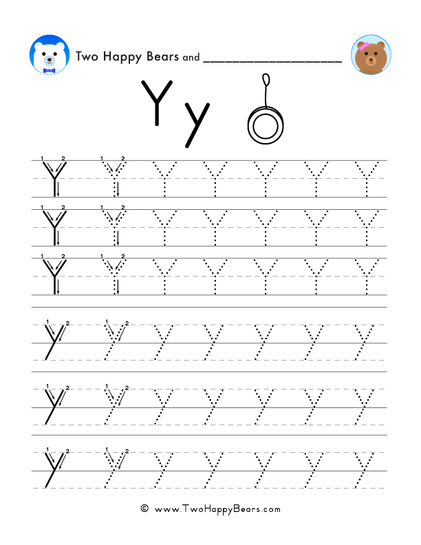 Trace the letter Y, uppercase and lowercase. Six lines of guided arrows and follow-the-dots.