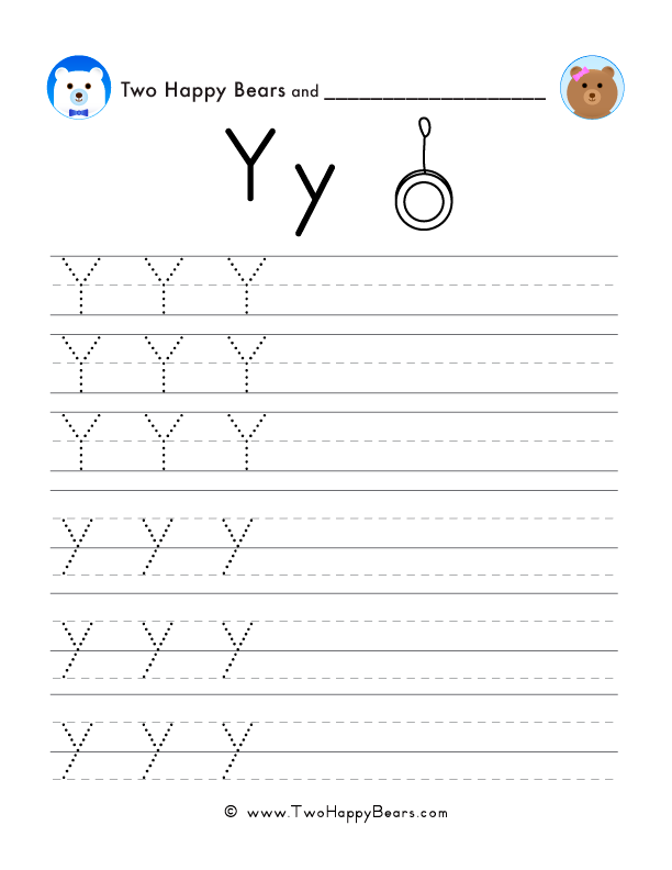 Trace the letter Y with follow-the-dots examples, and write the letter yourself in uppercase and lowercase.