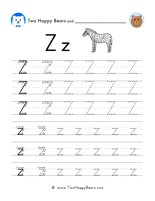 Trace the letter Z, uppercase and lowercase. Six lines of guided arrows and follow-the-dots.
