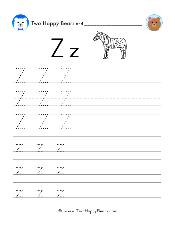 Trace the letter Z with follow-the-dots examples, and write the letter yourself in uppercase and lowercase.