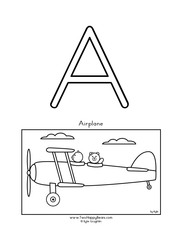Coloring page of an uppercase letter A and an airplane with the Two Happy Bears.