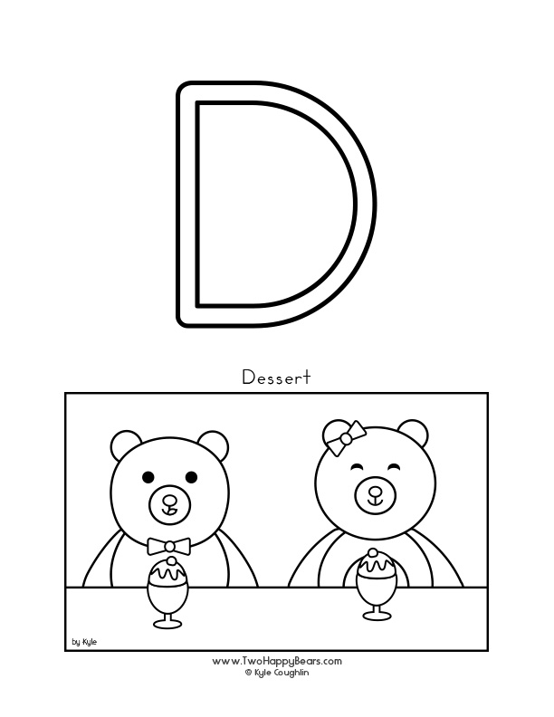 Coloring page of an uppercase letter D and the Two Happy Bears eating dessert.