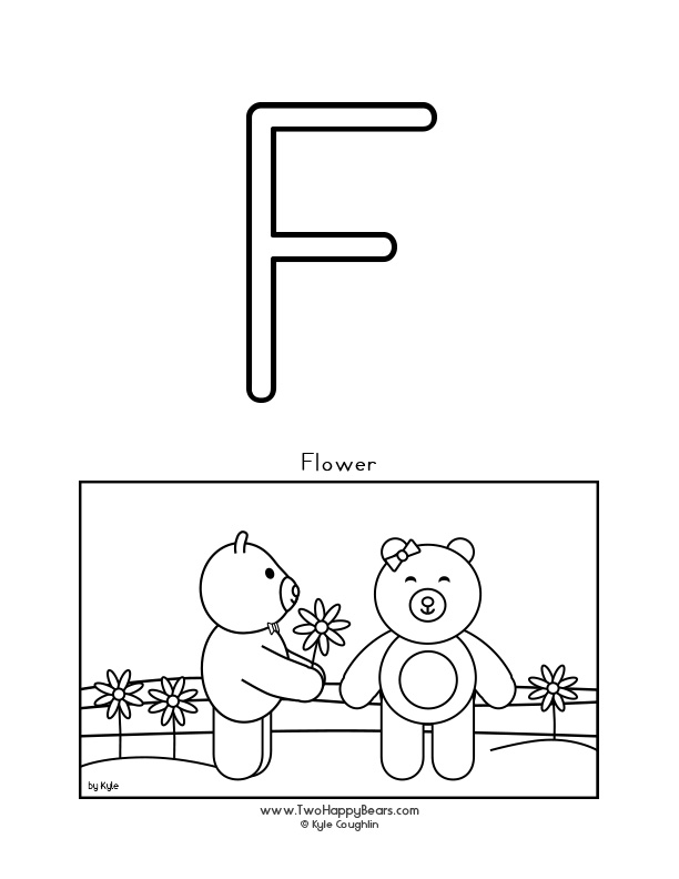 Coloring page of an uppercase letter F and the Two Happy Bears and a flower.