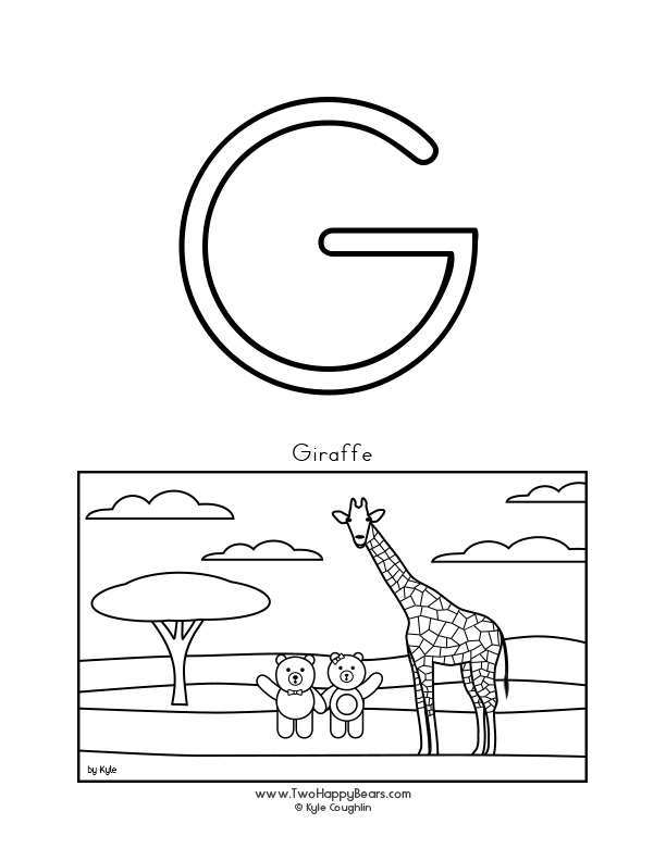 Coloring page of an uppercase letter G and the Two Happy Bears and a giraffe.