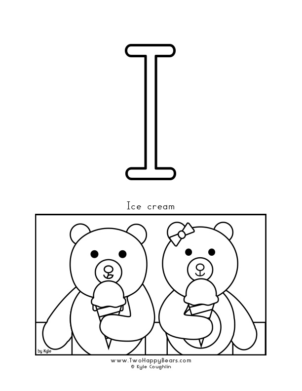 Coloring page of an uppercase letter I and the Two Happy Bears eating ice cream.