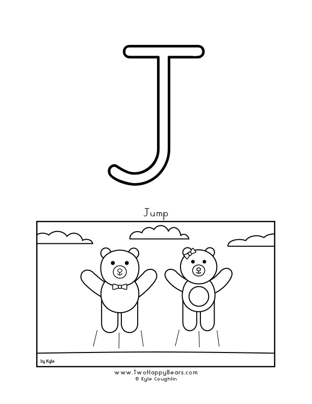 Coloring page of an uppercase letter J and the Two Happy Bears Jumping.