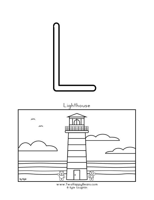 Coloring page of an uppercase letter L and the Two Happy Bears at a lighthouse.