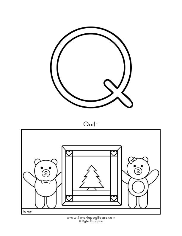 Coloring page of an uppercase letter Q and the Two Happy Bears with their quilt.