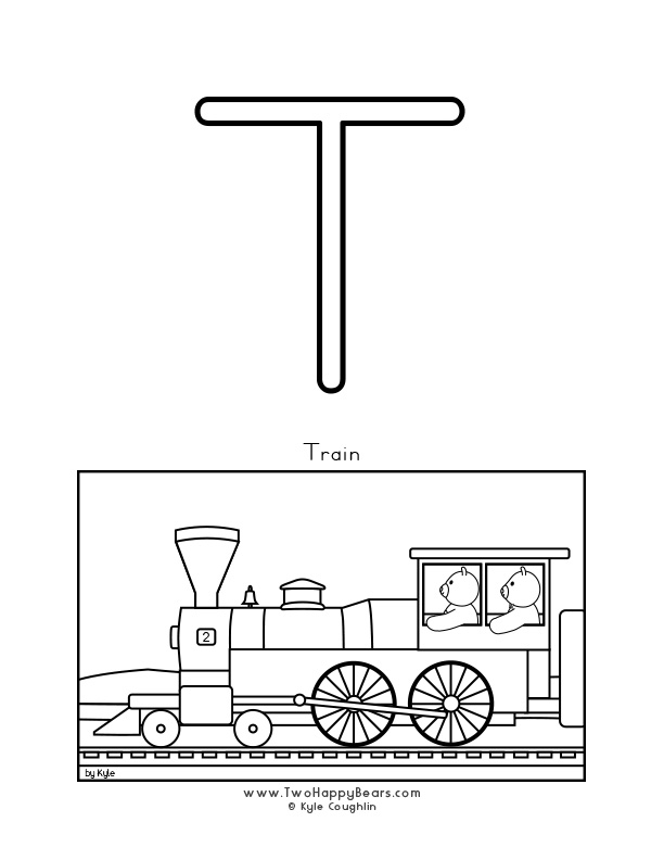 Coloring page of an uppercase letter T and the Two Happy Bears on a train.