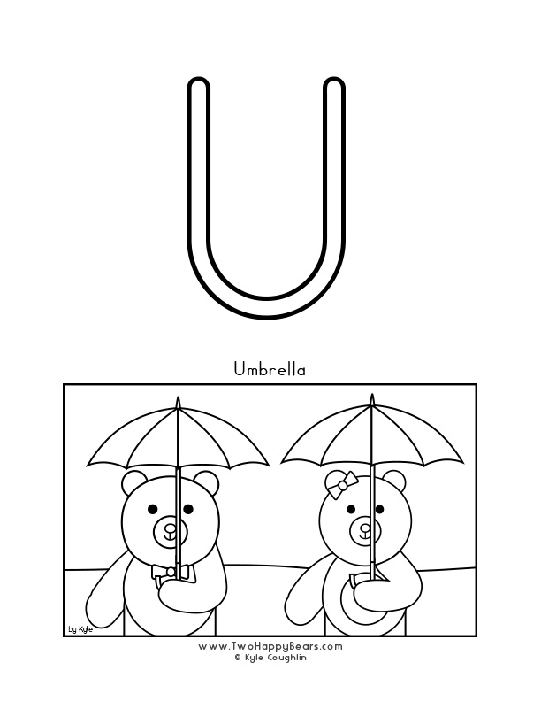 Coloring page of an uppercase letter U and the Two Happy Bears with umbrellas.