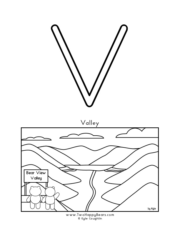 Coloring page of an uppercase letter V and the Two Happy Bears viewing a valley.