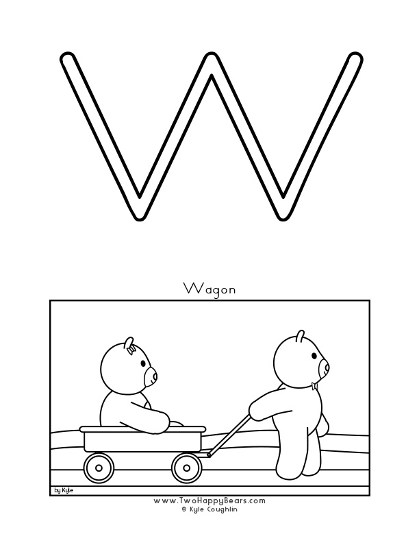 Coloring page of an uppercase letter W and the Two Happy Bears pulling a wagon.