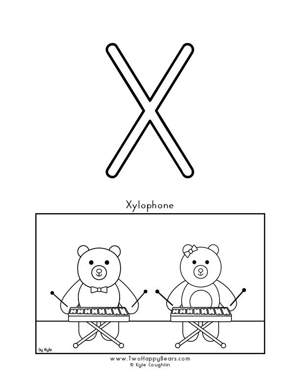 Coloring page of an uppercase letter X and the Two Happy Bears playing the xylophone.