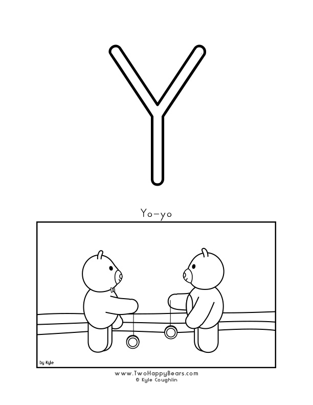 Coloring page of an uppercase letter Y and the Two Happy Bears playing with yo-yos.