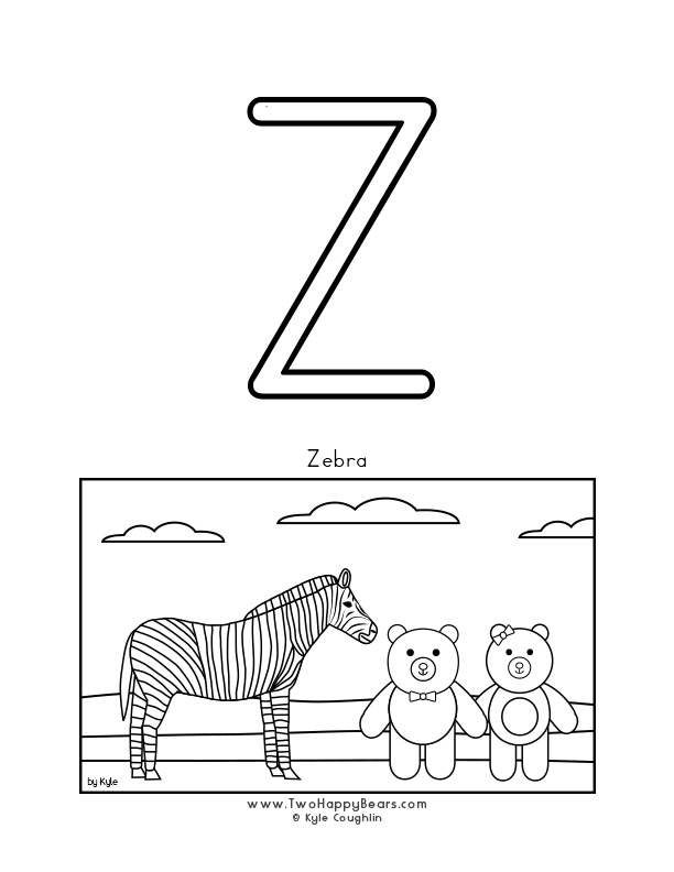 Color the letter Z, upper case, and color the Two Happy Bears visiting a zebra. Free printable PDF.