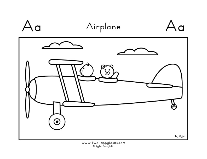 Color the letter A with the Two Happy Bears flying an airplane
