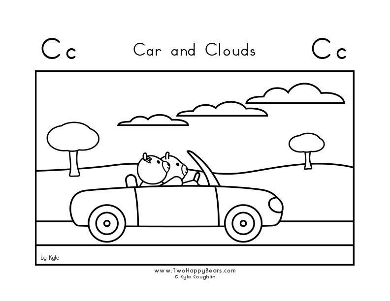 Color the letter C with the Two Happy Bears driving a car and looking at clouds