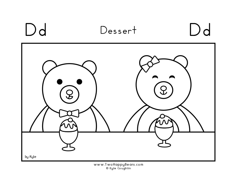 Color the letter D with the Two Happy Bears getting ready to eat dessert