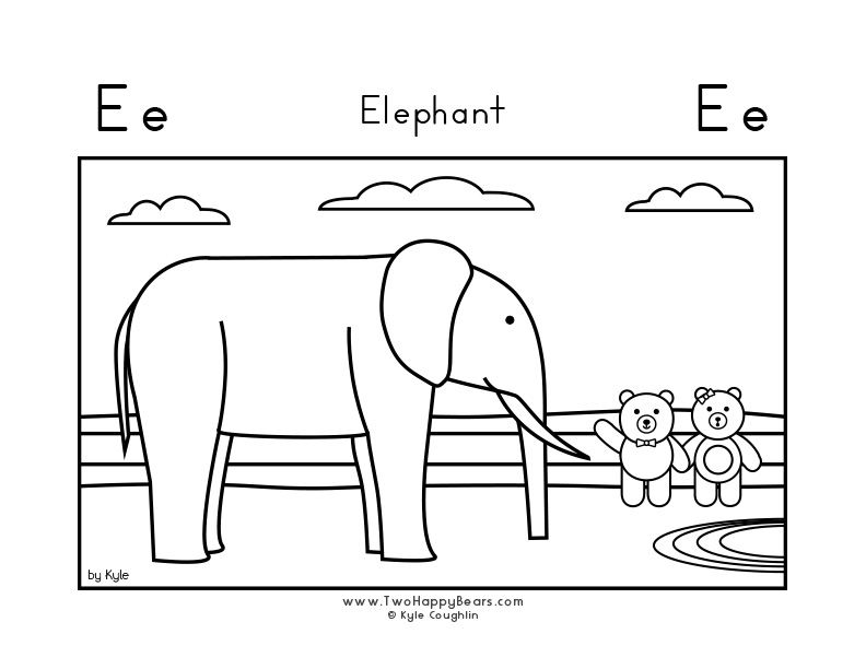 Color the letter E with the Two Happy Bears visiting an elephant