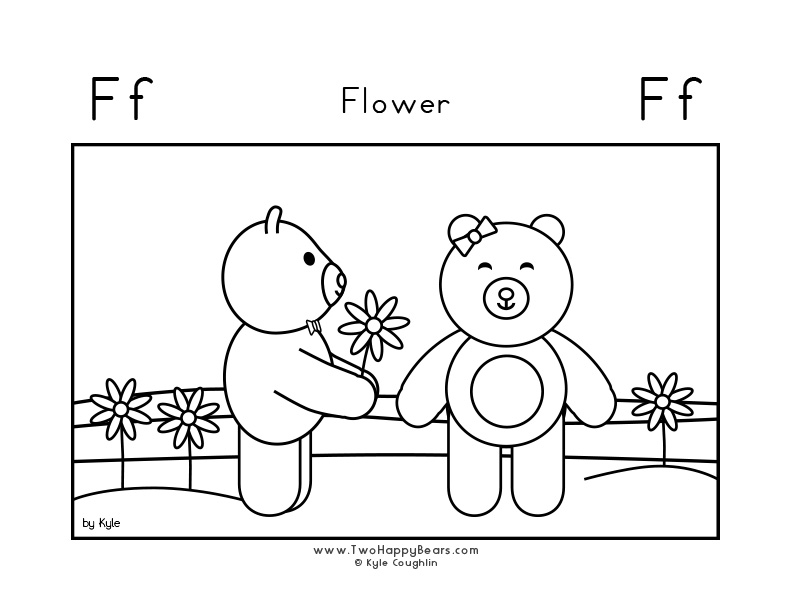 Color the letter F with the Two Happy Bears picking flowers