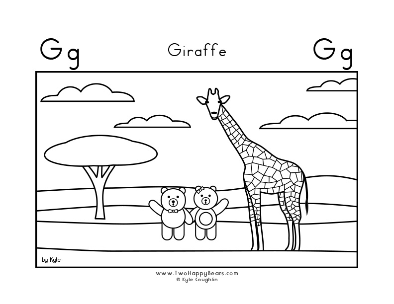 Color the letter G with the Two Happy Bears waving to a giraffe