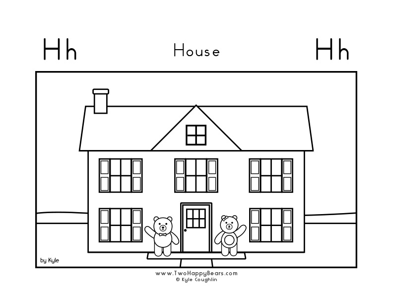 Coloring page of the Two Happy Bears and their house.
