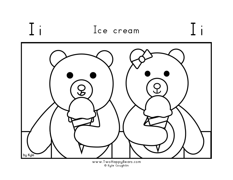Coloring page of the Two Happy Bears eating ice cream.