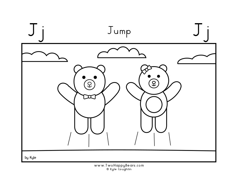 Coloring page of the Two Happy Bears jumping.