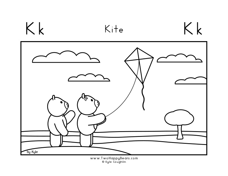 Color the letter K with the Two Happy Bears flying a kite