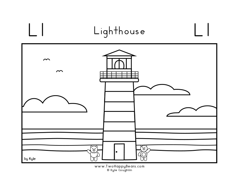Color the letter L with the Two Happy Bears visiting a lighthouse