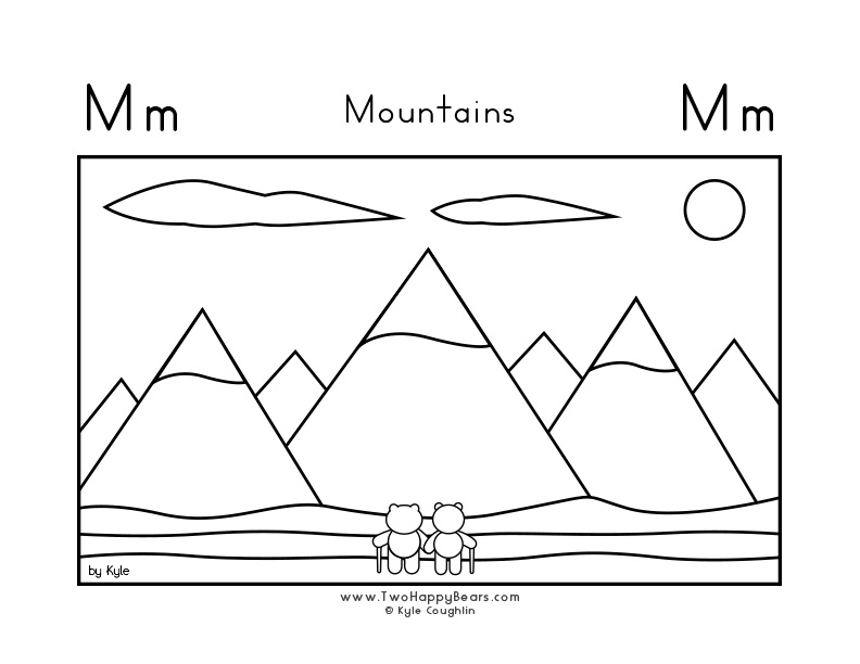 Color the letter M with the Two Happy Bears hiking near the mountains