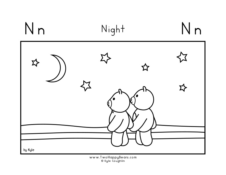 Color the letter N with the Two Happy Bears looking at the night sky