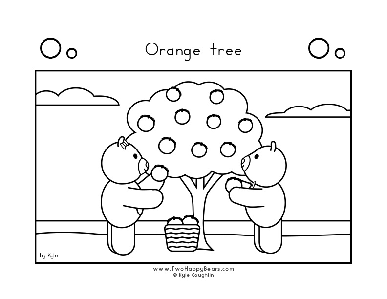 Coloring page of the Two Happy Bears picking oranges from a tree.