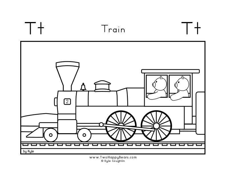 Coloring page for learning the letter T, with a picture of Fluffy and Ivy on a train, in a large landscape view, in free printable PDF format.