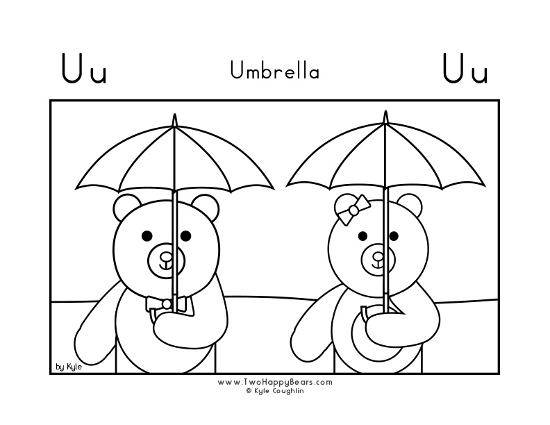 Coloring page of the Two Happy Bears and their umbrellas.