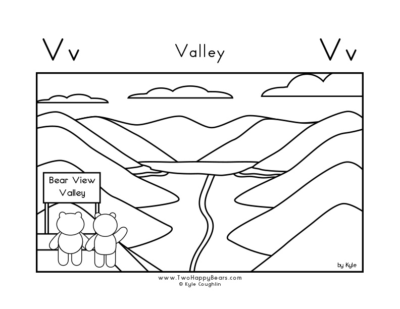Coloring page for learning the letter V, with a picture of Fluffy and Ivy looking at a valley, in a large landscape view, in free printable PDF format.