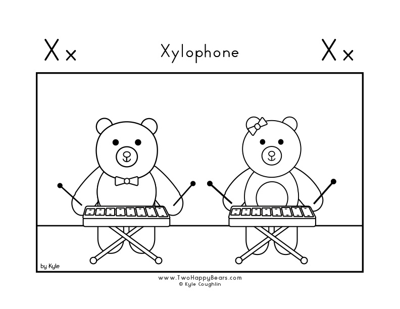 Coloring page for learning the letter X, with a picture of Fluffy and Ivy playing the xylophone, in a large landscape view, in free printable PDF format.