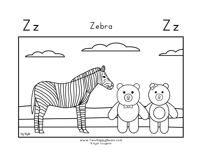Coloring page of the Two Happy Bears with a zebra.