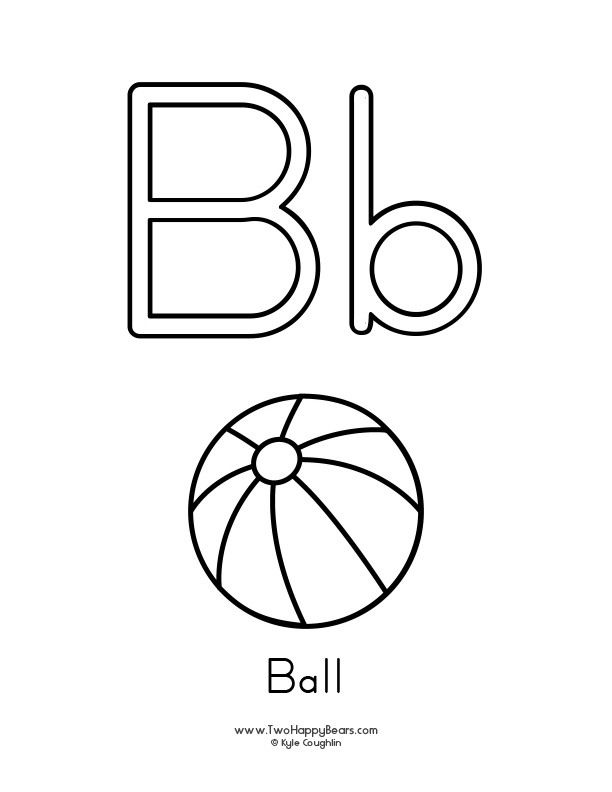 Free printable PDFs to color an uppercase and lowercase letter and simple pictures like a ball.