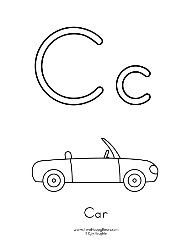 Free printable PDFs to color an uppercase and lowercase letter and simple pictures like a car.