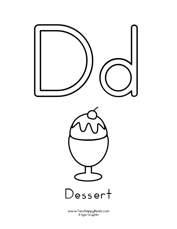 Free printable PDFs to color an uppercase and lowercase letter and simple pictures like a dessert.