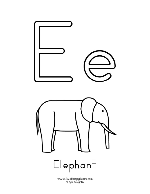 Free printable PDFs to color an uppercase and lowercase letter and simple pictures like an elephant.